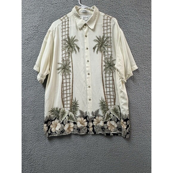Pierre Cardin Hawaiian Shirt Mens XL Beige Palm Trees Beach - Picture 1 of 8